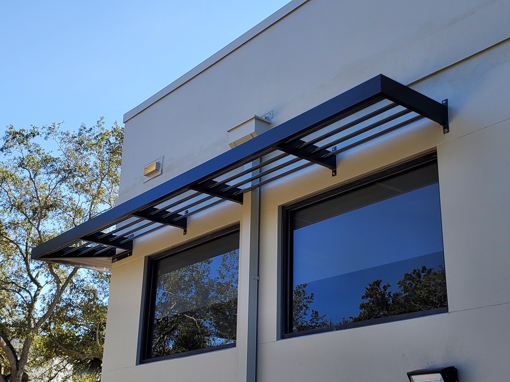 louvered sunshade, slatted awning, airfoil awning, metal canopy