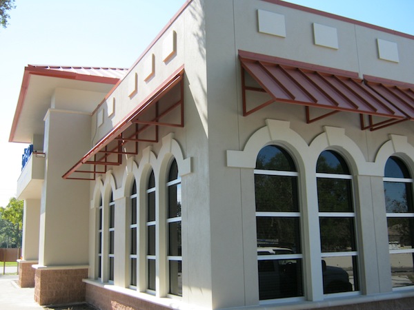 standing seam mansard awning, metal awning, awning with roof pans,